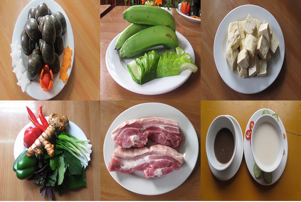 1. Ốc nấu chuối đậu. Nguyên liệu: Ốc bươu, thịt lợn, đậu phụ, chuối xanh, lá lốt, hành, tỏi, gia vị. Ốc rửa sạch, bóp muối, thái đôi. Cho ốc vào nồi xào rồi cho thêm nước vào đun nhỏ lửa. Trong khi xào ốc, cắt dọc đôi cái đậu rồi rán vàng. Thái miếng vuông. Ảnh: Agiadinh.net.
