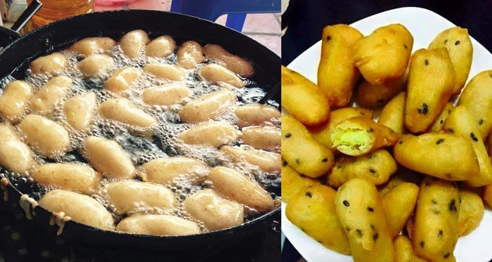 Nhồi đến khi có đc khối bột mịn dẻo. Bắt bột vo thành từng viên như hình kén vậy. Rồi lăn qua mè đen. Chuẩn bị chảo và dầu để chiên. Chiên ngập dầu. Bánh vàng vớt ra giấy thấm dầu. Ảnh: thucthan.com.