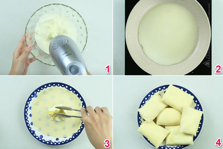 Lấy bột trong tủ lạnh ra khuấy đều. Sau đó, bắc 1 cái chảo chống dính lên bếp phết 1 lớp bơ hoặc dầu ăn mỏng lên chảo. Múc từng muỗng bột cho vào chảo, có thể xoay chảo cho bánh được tròn đều. Rán khoảng 2 - 3 phút thì lấy bánh ra. Ảnh: dienmayxanh.vn.