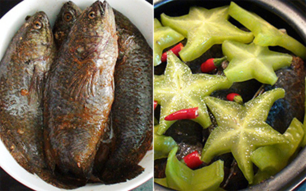 2. Cá rô đồng kho khế. Nguyên liệu: Cá rô, thịt ba rọi, gừng, lá gừng, khế chua, hành tỏi, ớt, hạt nêm, mắm, đường, dầu ăn. Cá rô làm rửa sạch ướp mắm, bột nêm. Ba rọi rửa sạch cắt lát mỏng. Ảnh: cachnaumonan.com.