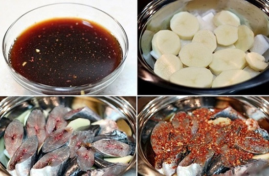 Cho tất cả các nguyên liệu từ hai tô cá và rau củ cùng sốt vào nồi, thêm nước và đun sôi trên bếp. Ảnh: toinayangi.vn.