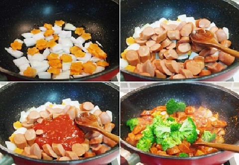 3. Xúc xích tươi xào rau củ. Nguyên liệu: Nước sốt cà chua, dầu hào, đường, ớt chuông đỏ, ớt chuông vàng, hành tây, súp lơ xanh, xúc xích. Xúc xích khía cạnh, ớt chuông và hành tây cắt hình quân cờ. Ảnh: Mobiclip.vn.