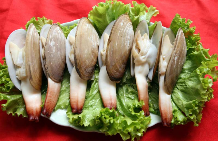 1. Tu hài hấp. Nguyên liệu: Tu hài, quả dứa, sả, hành khô, hành tươi, đường, ớt, canh mỡ hoặc dầu ăn, gia vị. Tu hài ngâm nước khoảng 1 tiếng, cọ sạch phần vỏ. Ngâm tu hài với nước ấm khoảng 70 độ trong vòng 3 phút rồi gạn bỏ nước. Bóc bỏ phần dây nhớt và cặn bẩn của tu hài, bắt đầu từ phần thân, rồi đến phần vòi. Ảnh: halongtourism.com.vn.