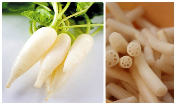 8. Củ cải và ngó sen tươi: Lấy lượng bằng nhau, rửa sạch, giã nát, lọc lấy nước uống ngày 2 lần, mỗi lần 50 g; có tác dụng chữa xuất huyết dạ dày. Ảnh: martyshopsandvines.com.