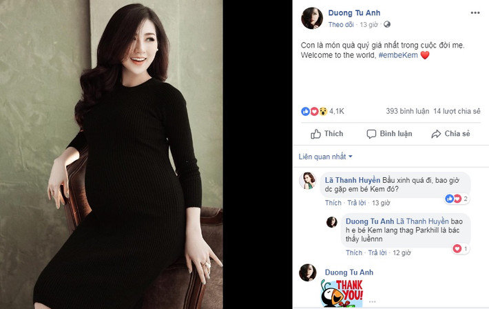 Vốn rất kín tiếng trước những tin đồn bầu bí nhưng mới đây, Á hậu Tú Anh khiến nhiều người bất ngờ khi lần đầu công khai ảnh mang thai, cùng với dòng trạng thái đầy cảm xúc: "Con là món quà quý giá nhất trong cuộc đời mẹ. Chào mừng con đến với thế giới này. Em bé Kem".