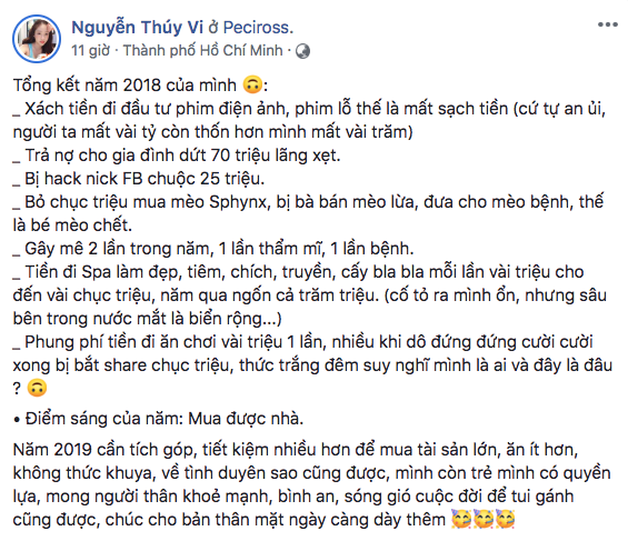 Từ một cô nữ sinh không ai biết đến, Thúy Vi dấn thân vào showbiz và lao vào kinh doanh kiếm tiền "khủng" dưa vào chiêu trò và tai tiếng của mình. Mới đây, sau gần 4 năm kể từ khi được mọi người chú ý nhờ dùng chính ồn ào với Phan Thành làm bàn đạp, Thuý Vi đã làm một bản tổng kết cuối năm 2018 dành cho chính bản thân.