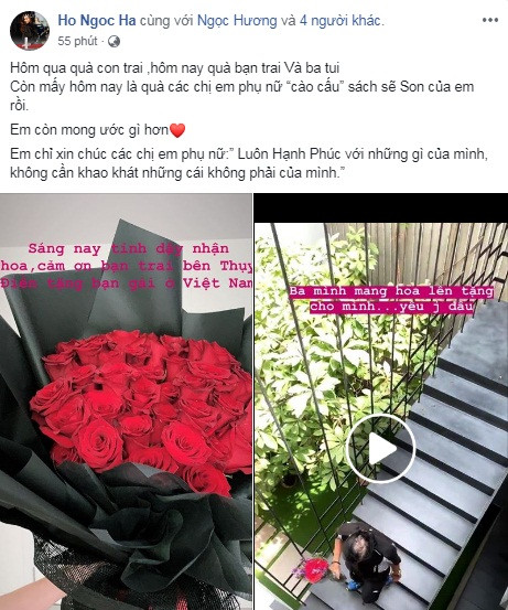 Hồ Ngọc Hà vừa hạnh phúc khoe những món quà mùng 8/3 đầy tình cảm và ý nghĩa mà cô nhận được từ ba, bạn trai Kim Lý và đặc biệt là cậu con trai đáng yêu Subeo.