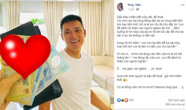 Mới đây nhất, con gái Thủy Tiên - Công Vinh khiến fan bật cười thích thú khi bị "vạch tội" thường xuyên vòi vĩnh mẹ từng đồng với lý do "để dành làm từ thiện cho người nghèo", nhưng thực chất là lén nhét tiền vào ví của ba Công Vinh vì sợ ba không có tiền xài. Có lẽ trong suy nghĩ của bé, mẹ là người giàu nên "cần phải làm từ thiện" cho ba vì ba nghèo.
