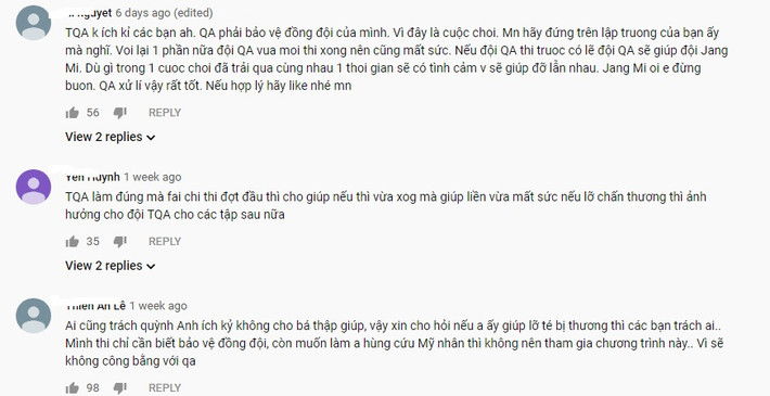 Phản ứng này của Trương Quỳnh Anh gây nhiều tranh cãi nhất. Bên cạnh những ý kiến cho rằng nữ ca sĩ đã quá ích kỷ thì cũng có không ít khán giả cho rằng cô không sai khi bảo vệ sức khỏe cho đồng đội của mình. Và trong cuộc thi "ai mạnh thì người ấy thắng".