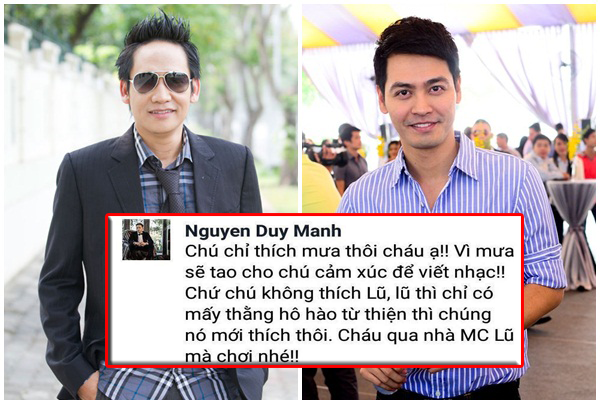 Đây không phải lần đầu Duy Mạnh "đá xéo" Phan Anh quanh vấn đề của nam MC. Theo đó, khi được fan hỏi về việc làm từ thiện, Duy Mạnh nói: "Mấy chục củ làm gì mà tuyệt!? Tưởng vài trăm củ hay hô hào từ thiện 1 phát được vài chục tỷ mới là tuyệt vời chứ!!?" hay "Chú chỉ thích mưa thôi cháu ạ! Vì mưa sẽ tạo cho chú cảm giác để viết nhạc, chứ chú không thích lũ, lũ thì chỉ có mấy thằng hô hào từ thiện thì chúng mới thích thôi. Cháu qua nhà MC lũ mà chơi nhé!".