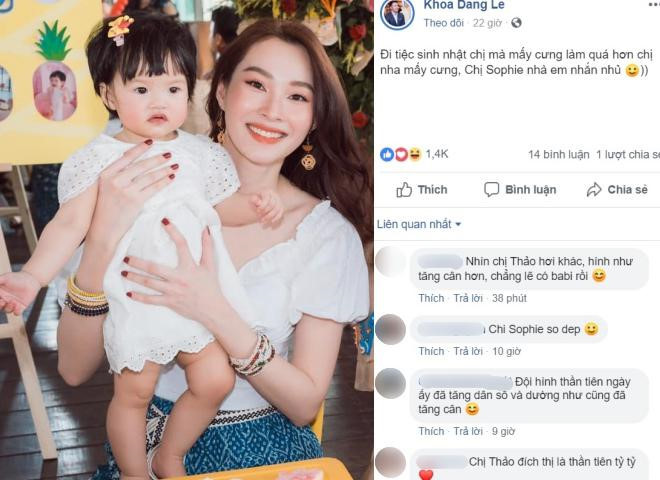 Hình ảnh trong bữa tiệc sang chảnh của con gái Hoa hậu Việt Nam 2012 được Shark Lê Đăng Khoa - bạn thân của Đặng Thu Thảo chia sẻ cách đây không lâu, người đẹp sinh năm 1991 cũng bị đồn đang mang thai lần nữa khi gương mặt trông đầy đặn, "có da có thịt" hơn.