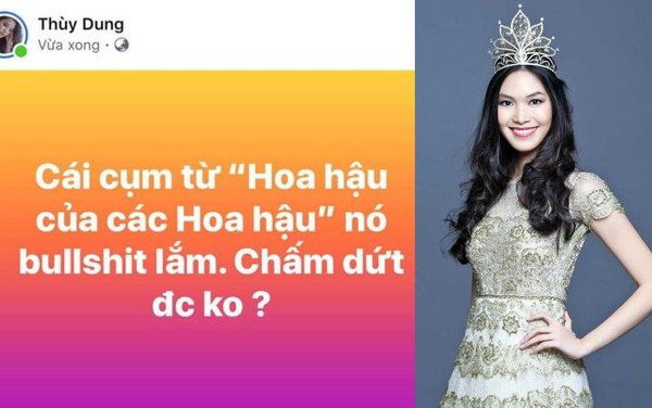 Trong khi các fan của Hoa hậu Hoàn vũ 2017 H'hen Niê và HHVN 2018 Tiểu Vy đang vô cùng hoan hỉ khi hai đại diện Việt Nam lần lượt lọt top 20 và top 50 giải thưởng Miss Grand Slam 2018 (Hoa hậu của các Hoa hậu 2018), thì HHVN 2008 Thùy Dung lại như "ném đá vào hội nghị" khi có phát ngôn "vạ miệng".