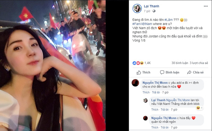 "Vân Điệp Người phán xử" - Thanh Bi đăng ảnh xuống đường mừng Việt Nam vào tứ kết Asian Cup 2019. Nữ diễn viên dành lời khen ngợi: "Một trận đấu tuyệt vời và nghẹt thở. Đội Jordan cũng thi đấu quá khoẻ và đỉnh.Vòng 1/8. Các cầu thủ Việt Nam mới là sao sáng nhất".