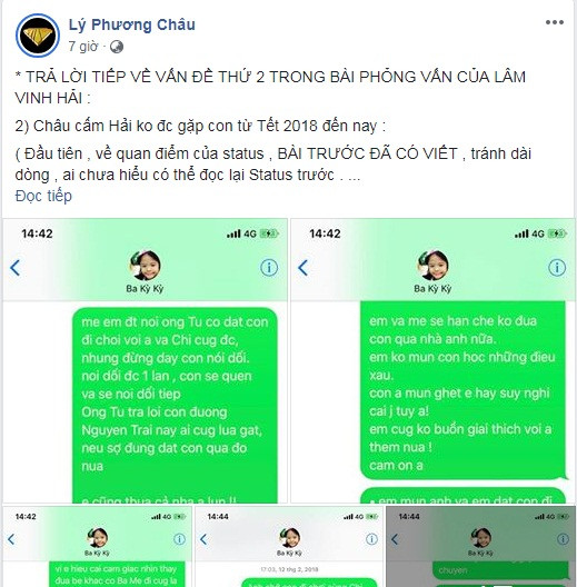 Liên quan đến lời tố vợ cũ cấm Lâm Vinh Hải gặp con từ Tết 2018, Lý Phương Châu tung bằng chứng là loạt tin nhắn qua lại giữa hai người quanh việc gặp con.