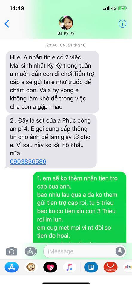 Từ Tết 2018 đến giờ, Hải chỉ có 2 lần chủ động liên hệ Châu nói muốn gặp con là tháng 4/2018 và tháng 10/2018, sau đó đề nghị đưa lại trợ cấp.