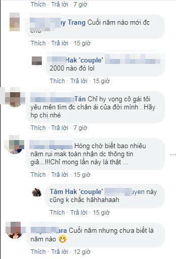Nhiều lần mừng hụt trước thông tin giọng ca "Ước gì" sắp lấy chồng nên lần này, các fan của cô tỏ ra khá thận trọng. Nhiều người còn hài hước bày tỏ: "Cuối năm nhưng chưa biết năm nào", người thì hy vọng: "Hóng chờ biết bao nhiêu năm rồi mà toàn nhận được thông tin giả...!!! Chỉ mong lần này là thật..."