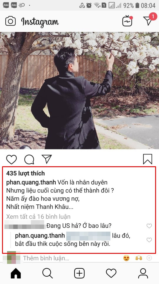 Mới đây, trong cuộc trò chuyện với một người bạn dười bức ảnh chàng thiếu gia Sài Gòn đang một mình ngắm hoa, Phan Thành gây nhiều đồn đoán khi chia sẻ kế hoạch ở lại Mỹ lâu dài vì anh đã cảm thấy thích nơi này.