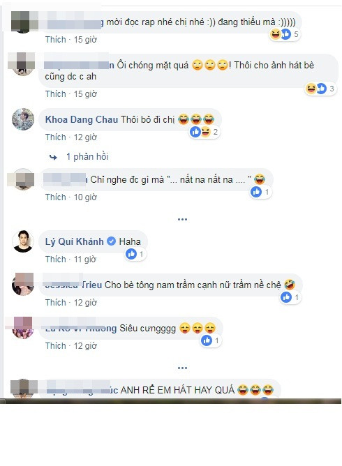 Dựa vào giọng hát "thều thào" không lời của Kim Lý, bạn bè và fan lập tức khuyên: "Mời đọc rap nhé chị", "Thôi cho ảnh hát bè cũng được"... Thậm chí, nhạc sĩ Châu Đăng Khoa còn phũ phàng hơn khi đáp: "Thôi dẹp đi chị".