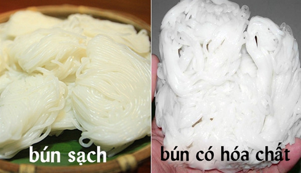 Bằng mắt thường, bạn khó có thể phân biệt được bún miến có ngâm formaldehyde hay không. Dù vậy, bún “sạch” thường sớm bị oxy hóa khi tiếp xúc với không khí nên sẽ có màu vàng sậm, không có ánh sáng trắng. Trong khi đó, bún ngâm formaldehyde có xu hướng giòn hơn, trông trắng sáng bắt mắt.
