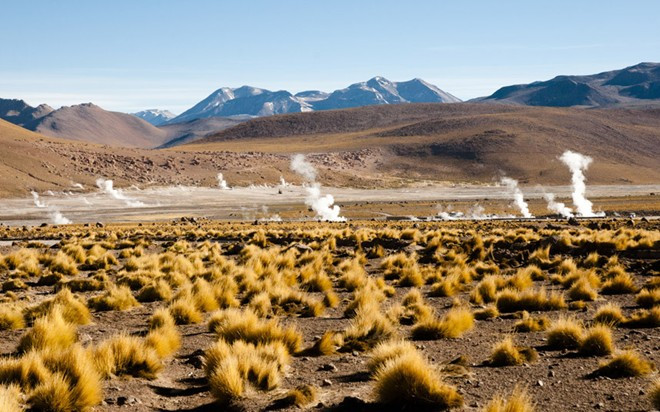 Sa mạc Atacama: Sa mạc là các khu vực có lượng mưa trung bình năm thấp hơn 250 mm. Lượng mưa ở Atacama còn chưa đạt 1 mm. Ban ngày, nhiệt độ tăng vọt, trong khi ban đêm lại giảm xuống dưới 0 độ C. Chỉ một số loài cây và động vật có thể sống ở đây. Du khách có thể tới thăm các đồng bằng muối khổng lồ, ngắm nhìn trời sao lộng lẫy ban đêm, lái xe qua dãy Andes từ Chile tới Argentina.