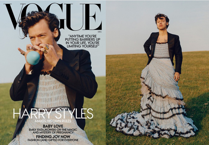 Harry Styles được xem là biểu tượng thời trang phi giới tính khi mặc thiết kế của Gucci, xuất hiện ngay trang bìa Tạp chí Vogue.