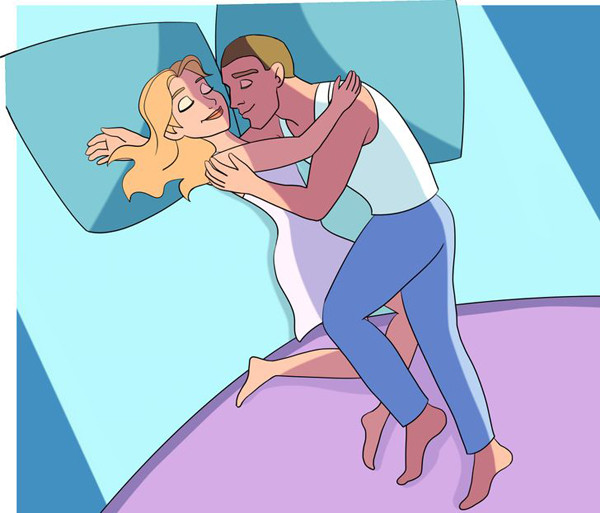 Tư thế “honeymoon hug”. Tư thế ngủ này thường được các cặp đôi mới hẹn hò hoặc xa nhau thời gian dài áp dụng. So với các tư thế ngủ phổ biến, tư thế “honeymoon hug” cho thấy tình cảm cặp đôi đang nồng nàn nhất. Nếu vợ chồng liên tục duy trì tư thế này chứng tỏ cuộc sống tình cảm đang ngập tràn yêu thương. (Nguồn: BS, SH)