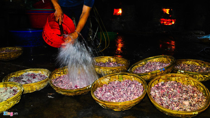 Mực hấp vừa ra lò được tưới nước cho giảm nhiệt, sau đó người dân đóng thùng cho lên xe tải lạnh đưa đi tiêu thụ.