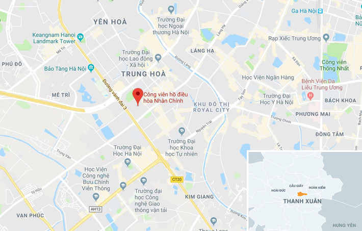 Công viên hồ điều hòa Nhân Chính (chấm đỏ) nằm gần đường vành đai 3 và đường Hoàng Minh Giám, một trong những vị trí đắc địa về phía tây nam của Hà Nội. Ảnh: Google Maps.