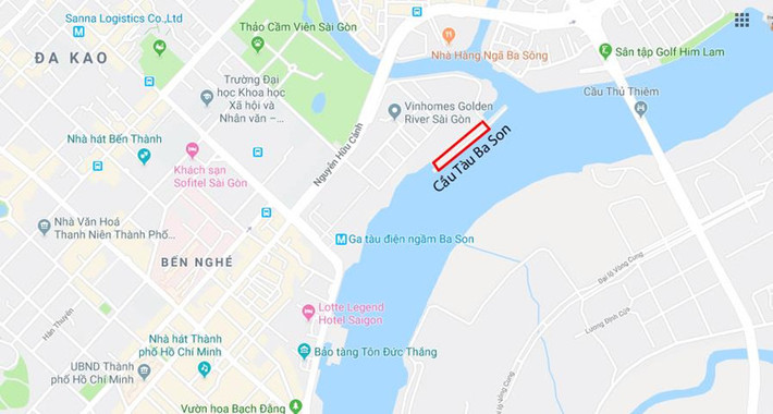 Vị trí cầu tàu Ba Son. Trước đó, Công ty TNHH Thương mại - Đầu tư và Phát triển Thiên Niên Kỷ đã đề xuất chuyển đổi công năng toàn bộ cầu tàu Ba Son hiện hữu thành bến thủy để tàu khách nước ngoài, du thuyền, phương tiện thủy nội địa ra vào, neo đậu, đưa rước khách du lịch. UBND TP.HCM đánh giá đề xuất này của chủ đầu tư phù hợp với định hướng phát triển vận tải hành khách gắn với du lịch đường thủy của TP. (Ảnh. Google Maps