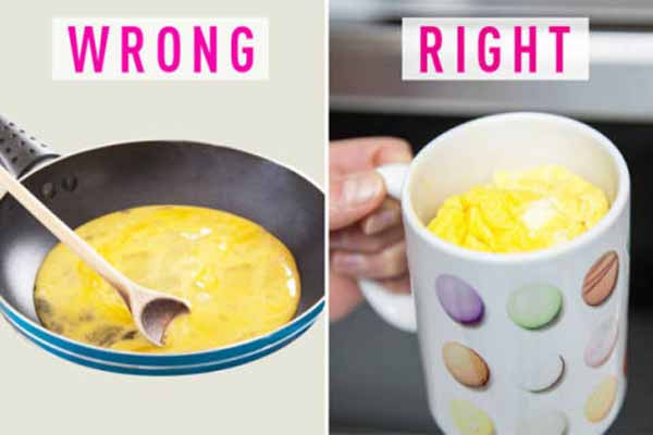 1. Chiên trứng trong chảo. Bạn không ngờ rằng, bác trứng trên chảo hoàn toàn là một sai lầm khi ăn sáng. Cách tốt nhất để giữ được dinh dưỡng trong trứng là hãy cho trứng vào một cái bát và bỏ lò vi sóng khoảng 1 phút. Bạn sẽ có được một bát trứng siêu mịn mà không cần dầu mỡ.