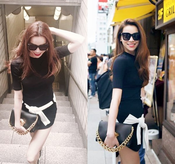 Với mẫu đầm ngắn bó sát tôn dáng tuyền đen, chi tiết áo buộc ngang hông giống như phụ kiện đai lưng đặc biệt được phối kèm một cách ngẫu hứng tạo điểm nhấn cho tổng thể trang phục của Hồ Ngọc Hà.