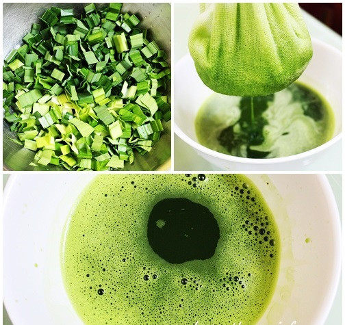 Bước 1: Làm nước cốt dứa: Rửa sạch 8 lá dứa rồi cắt khúc nhỏ ra. Cho lá dứa vào xay nhuyễn rồi đổ thêm 1 lít nước vào. Lọc qua rây rồi cho vào nồi đun sôi. Để nguội rồi đổ vào chai và bảo quản trong tủ lạnh.