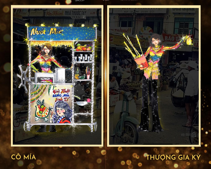 "Cô mía" của Thượng Gia Kỳ. Tác giả cho biết: "Bản thân tôi có ấn tượng rất sâu sắc với hình ảnh Đại diện Việt Nam - Phùng Trương Trân Đài từng phụ mẹ bán nước mía thuở nhỏ... Tôi gửi đến đây bản thiết kế này với hình dung rằng Trân Đài sẽ một lần nữa đẩy chiếc ''xe nước mía'' của mình ra khắp năm châu, hân hoan mời bạn bè quốc tế, thoăn thoắt đứng trên sân khấu với hành động ép nước mía cũng như chiêu đãi tất cả những khán giả yêu quý của mình một món nước bình dân, tuy đơn giản nhưng rất ngọt ngào, như chính con người Việt Nam của chúng ta vậy".