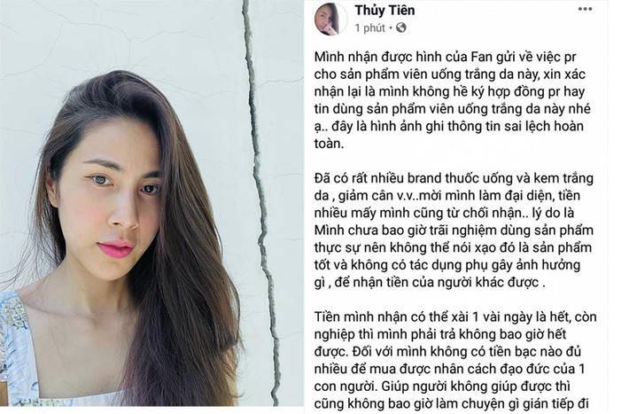 Đầu năm 2020, nữ ca sĩ Thủy Tiên bị lợi dụng hình ảnh để quảng bá sản phẩm viên uống trắng da. Tuy nhiên, bà xã Công Vinh khẳng định cô không hề ký hợp đồng quảng cáo và cũng chưa từng dùng thử sản phẩm viên uống trắng da này.