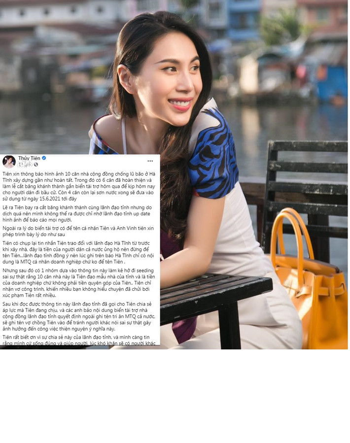 Mới đây, trên trang Fanpage của mình, Thủy Tiên đăng tải hình ảnh 10 căn nhà cộng đồng chống lũ ở Hà Tĩnh được xây dựng gần như hoàn tất, kèm theo đó là dòng giải thích lý do ghi tên mình trên nhà chống lũ.