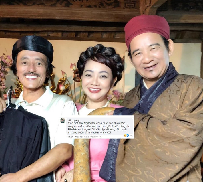 Mới đây, dưới bài chia sẻ của nghệ sĩ Trà My về sự ra đi của nghệ sĩ Giang Còi, Quang Tèo cũng gửi lời tiễn biệt: "Vĩnh biệt bạn. Người bạn đồng hành bao nhiêu năm cùng nhau đem niềm vui cho khán giả cả nước cũng như kiều bào nước ngoài. Giờ đây cặp bài trùng đã khuyết, thật đau buồn! Vĩnh biệt bạn Giang Còi!". Ảnh: FB nghệ sĩ Trà My.