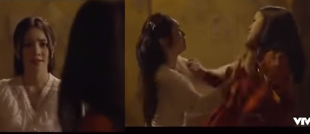 Trong phim "Hãy nói lời yêu", Quỳnh Kool vào vai Hoàng My - con gái của bà Hoài (Nguyệt Hằng) và ông Tín (Trọng Trinh). Đằng sau vỏ bọc của gia đình hạnh phúc, Hoàng My chứng kiến cảnh bố ngoại tình đúng ngày sinh nhật mẹ. Cô đã bám theo và túm tóc đánh ghen ả tiểu tam ngay trên phố. Ảnh: VTV.