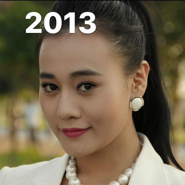 Năm 2013, khuôn mặt Phương Oanh khá vuông, làn da hơi ngăm ngăm và trông già hơn so với tuổi.