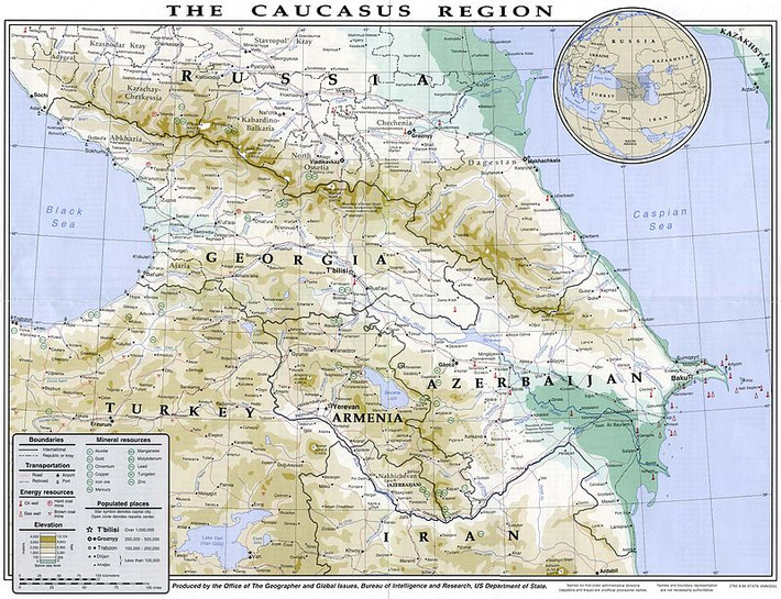Armenia là quốc gia láng giềng của Iran và Iran luôn coi trọng mối quan hệ hợp tác hữu nghị giữa hai nước; coi đây là bước đột phá quan trọng nhằm phá vỡ sự can thiệp từ bên ngoài của Mỹ. Ảnh: Địa chính trị khu vực Kavkaz - Nguồn: Wikipedia.
