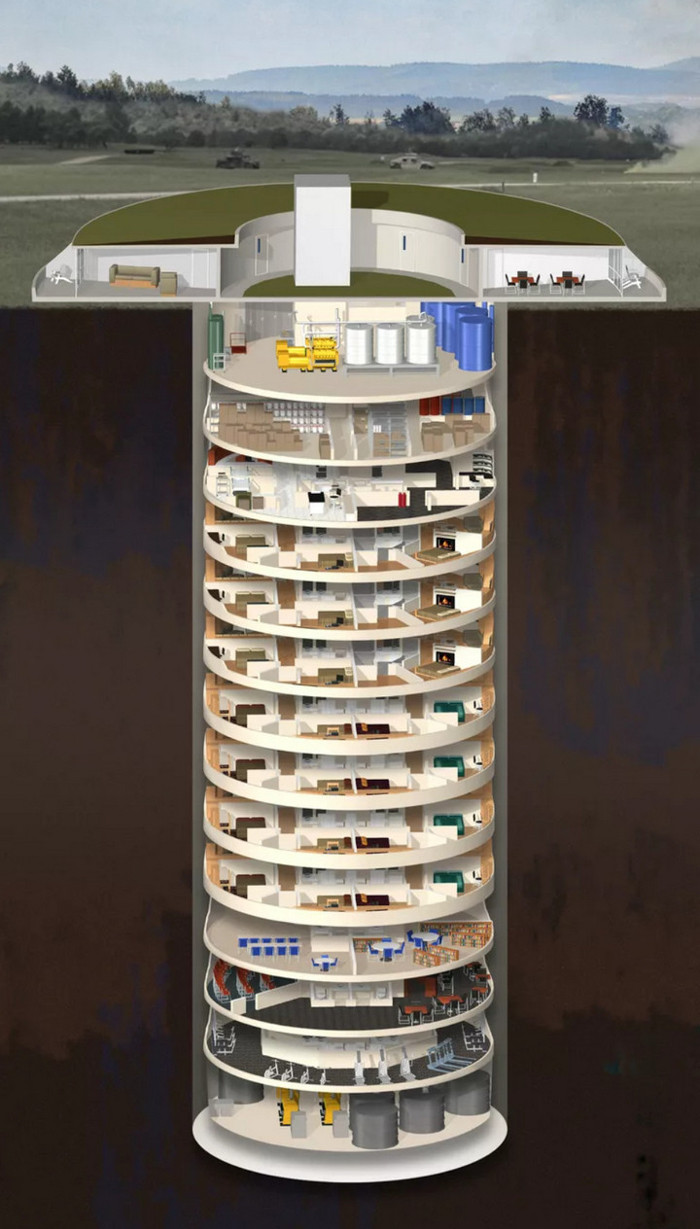 Mô phỏng khu phức hợp và hầm trú ẩn Survival Condo có tổng cộng 15 tầng ngầm và sâu khoảng 60 mét dưới lòng đất.
