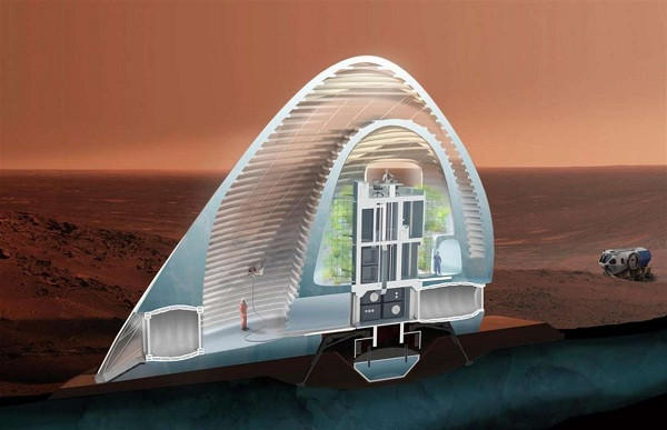 Mặt cắt thiết kế nhà bằng băng độc đáo với khu vực sinh hoạt nằm ở trung tâm, cây xanh trải dọc lối đi. Một khu vực ở giữa, ngăn cách các lớp bên trong và bên ngoài của tòa nhà, cho phép phi hành gia trải nghiệm ngoài trời tuyệt vời mà không cần một bộ đồ bảo hộ.