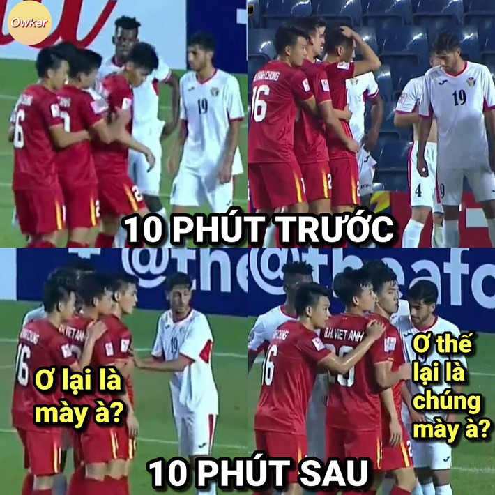 Nhóm cầu thủ U23 Việt Nam gây "lú" cho đối thủ bằng cách xếp thành một hàng giống hệt nhau về vị trí khiến tim cầu thủ đội bạn lỡ một nhịp.