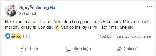 Sáng 23/6, tài khoản Facebook của Quang Hải bị hacker xâm nhập. Người này đăng những tin nhắn của tiền vệ ĐTQG Việt Nam và một người anh thân thiết lên mạng xã hội.