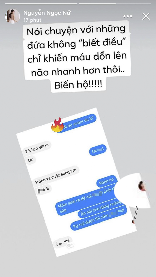Cách đây vài ngày, Ngọc Nữ bất ngờ đăng tải một đoạn tin nhắn cãi nhau khá gay gắt lên mạng xã hội cùng dòng trạng thái: "Biến hộ". Sau khi soi avatar trong đoạn nói chuyện, nhiều người cho rằng nhân vật được nói đến chính là Văn Đức. Đặc biệt anh còn dùng những từ ngữ khá khó nghe để nói người cũ như: "Tránh xa cuộc sống của tôi ra", "Cút đi".