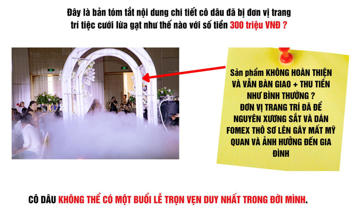 Việc thỏa thuận hợp đồng, lên phương án thiết kế, chốt phương án thực hiện được hai bên làm việc từ ngày 21/1. Gần đến ngày lễ, 6/4, phía trang trí tiệc cưới cũng không trực tiếp qua làm việc để nắm rõ không gian dựng khung rạp. Đồng thời, cô dâu cũng đồng ý bỏ ra số tiền lớn để chốt 2 bó hoa cầm tay là hoa nhập.