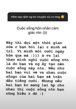 Khi được hỏi về cuộc sống tân hôn, ái nữ nhà Minh Nhựa khéo léo cho rằng vẫn còn quá sớm để nói về cuộc sống hôn nhân.