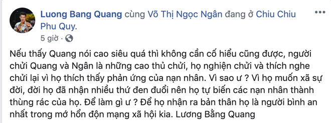 Cách đây ít ngày, hàng loạt diễn đàn về hội nhóm showbiz rầm rộ trước việc hot girl Ngân 98 - bạn gái Lương Bằng Quang đá đểu Ngọc Trinh. Cụ thể, cô lên tiếng phủ nhận tin đồn cặp kè đại gia lấy tiền bằng cách đưa ra hàng loạt dẫn chứng.