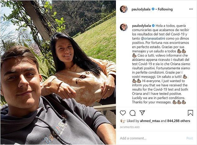 Paulo Dybala là cầu thủ thứ 3 của CLB Juventus nhiễm Covid-19. Ngày 22/3, Dybala xác nhận thông tin trên trang cá nhân: "Tôi muốn thông báo rằng tôi đã nhận được kết quả xét nghiệm dương tính Covid-19. Bạn gái tôi là Oriana cũng vậy. May mắn là cả hai đều đang có tình hình sức khỏetốt"