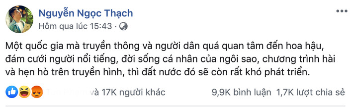 Ngày 9/11, trên Facebook cá nhân của nhà văn Nguyễn Ngọc Thạch bất ngờ xuất hiện một dòng trạng thái "lạ" về việc đất nước kém phát triển vì người dân quan tâm đến...đám cưới. Đặc biệt, dòng trạng thái được đăng tải đúng ngày cưới của Đông Nhi - Ông Cao Thắng khiến ai cũng ngờ ngợ rằng nhà văn trẻ đang "cà khịa cặp đôi này".
