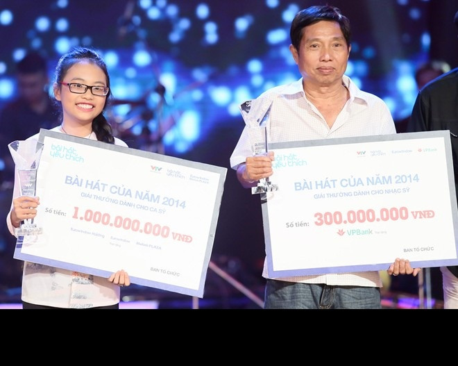 Phương Mỹ Chi và tác giả Tiến Luân trên bục nhận giải của chương trình Bài hát yêu thích.